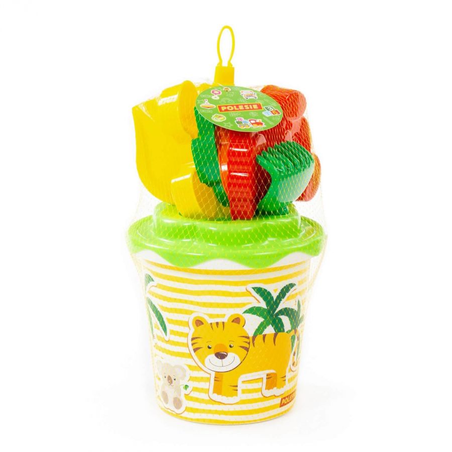 Набор №137: ведро с наклейкой, ситечко "Солнышко", лопатка №5, грабельки №5, формочки (белочка + пёсик + котёнок + медведь)