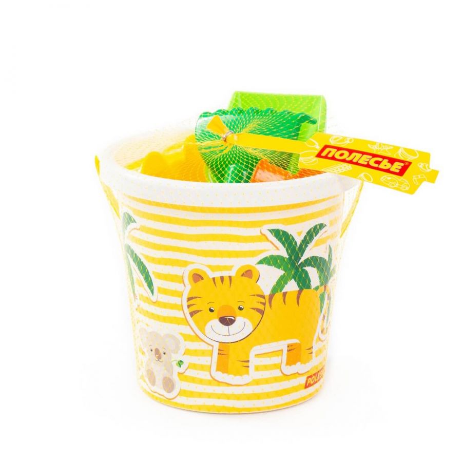 Набор №118: ведро с наклейкой, лопатка №5, грабельки №5, формочки (котёнок + медведь)