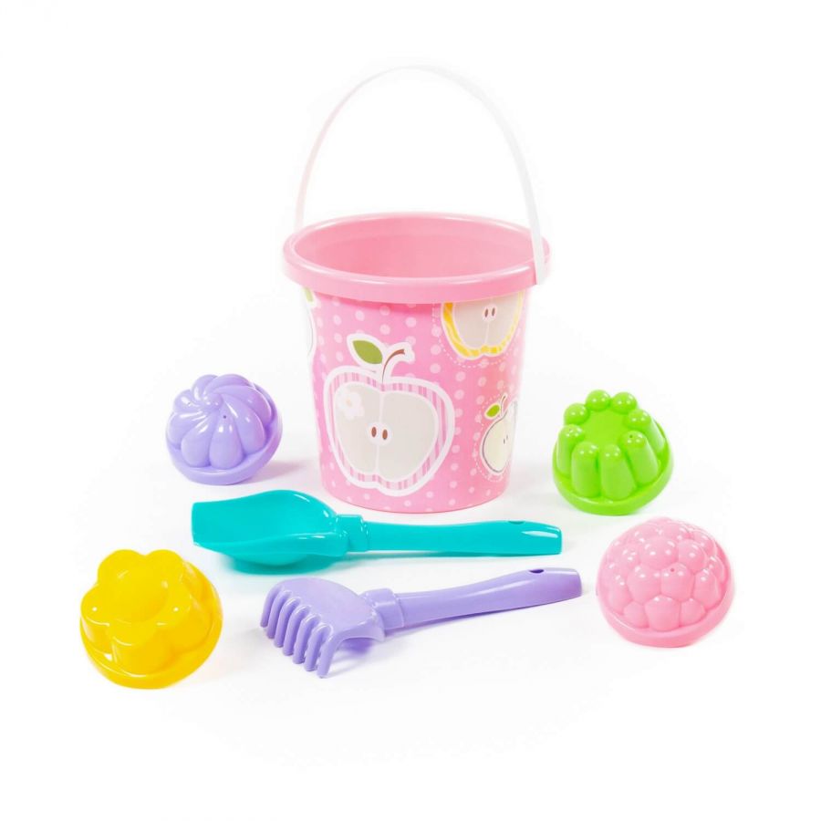 Набор №120: ведро с наклейкой, лопатка №5, грабельки №5, 4 формочки