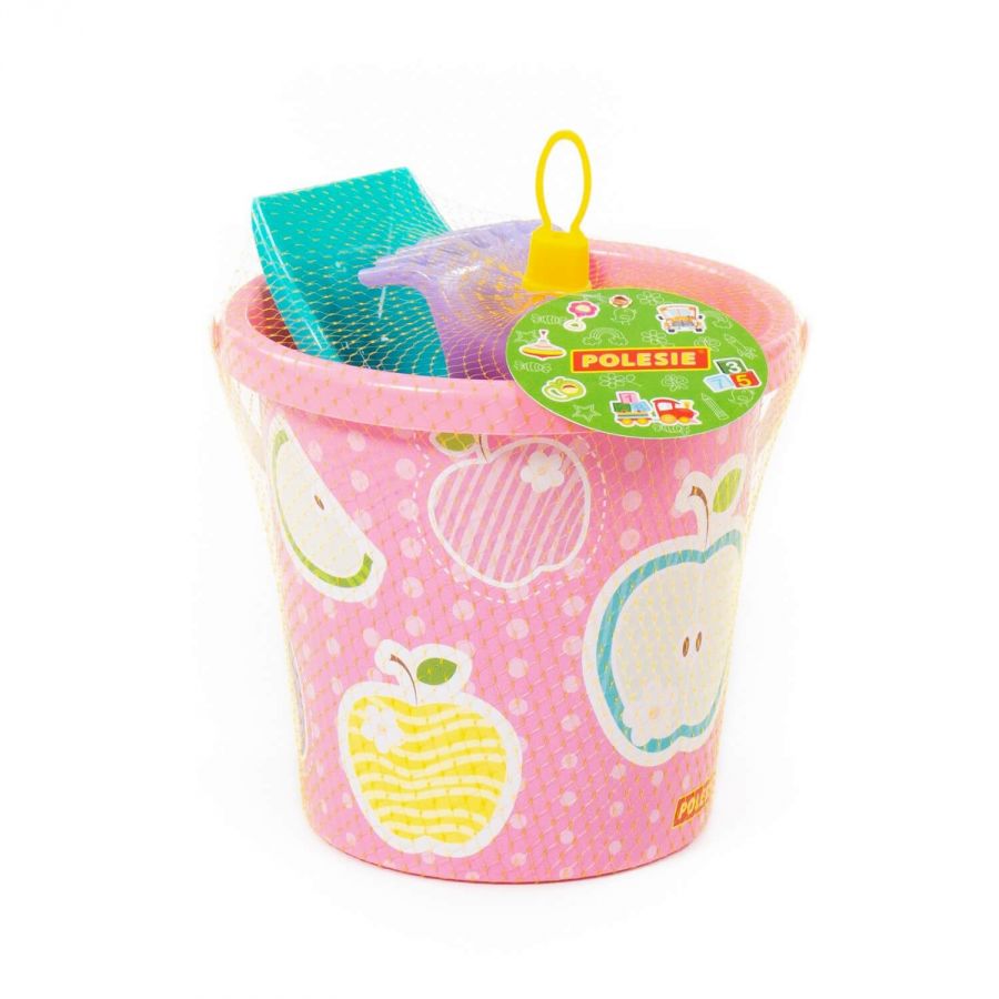 Набор №120: ведро с наклейкой, лопатка №5, грабельки №5, 4 формочки