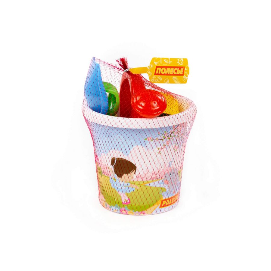 Набор №124: ведро с наклейкой, лопатка №5, грабельки №5, 2 формочки, лейка большая