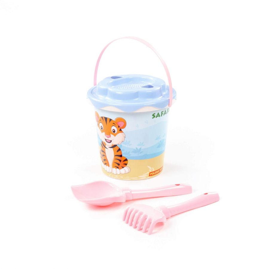 Набор №653 сафари: ведро с наклейкой, ситечко "Солнышко", лопатка №5, грабельки №5