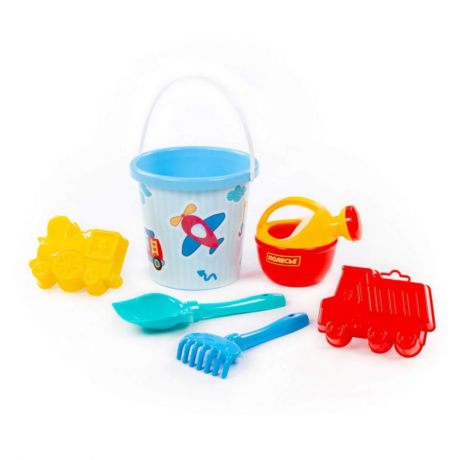 Набор №314: ведро с наклейкой, лопатка №5, грабельки №5, формочки (самосвал + паровоз), лейка малая №4