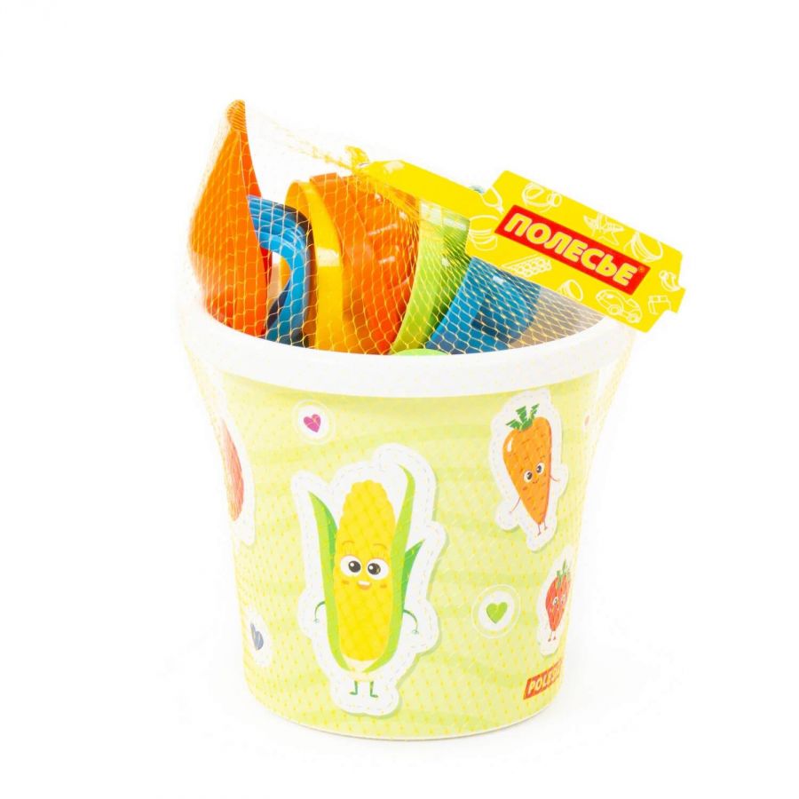 Набор №321: ведро с наклейкой, лопатка №5, грабельки №5, 4 формочки, лейка малая №4