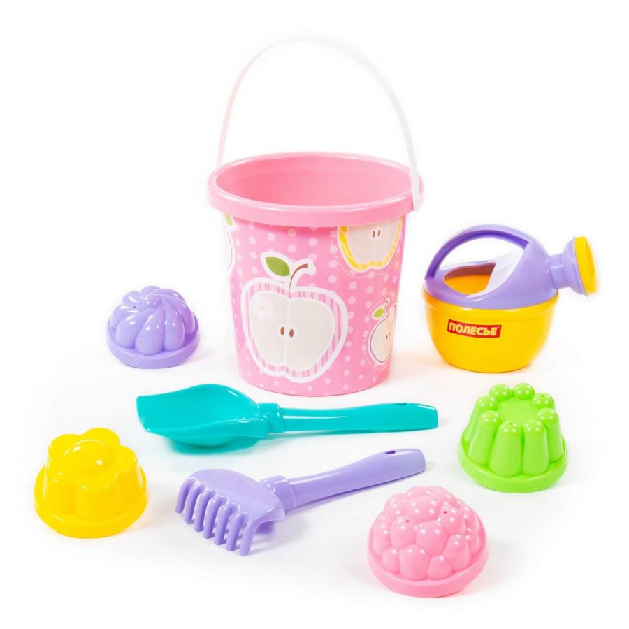 Набор №321: ведро с наклейкой, лопатка №5, грабельки №5, 4 формочки, лейка малая №4