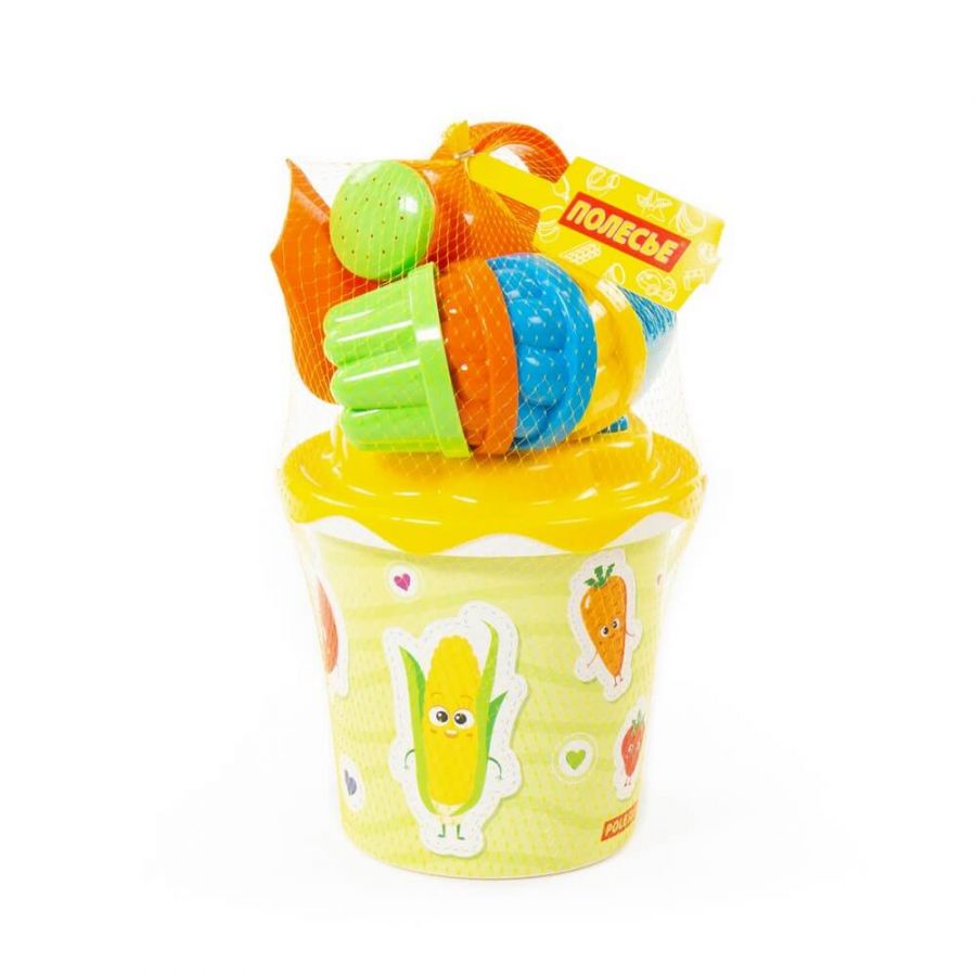 Набор №336: ведро с наклейкой, ситечко "Солнышко", лопатка №5, грабельки №5, 4 формочки, лейка малая №4