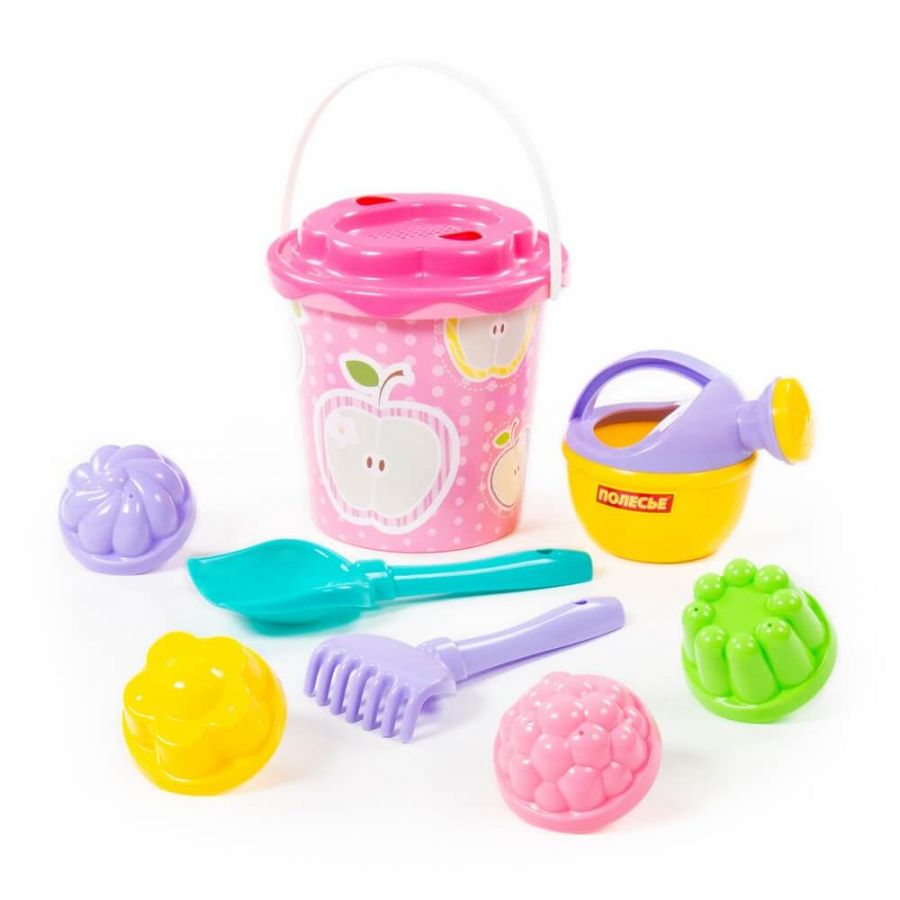 Набор №336: ведро с наклейкой, ситечко "Солнышко", лопатка №5, грабельки №5, 4 формочки, лейка малая №4