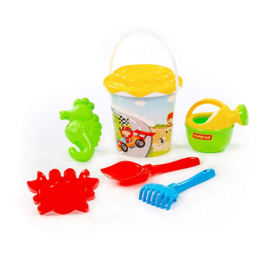 Набор №356: ведро с наклейкой, ситечко "Солнышко", лопатка №5, грабельки №5, формочки (краб №1 + морской конёк), лейка малая №4