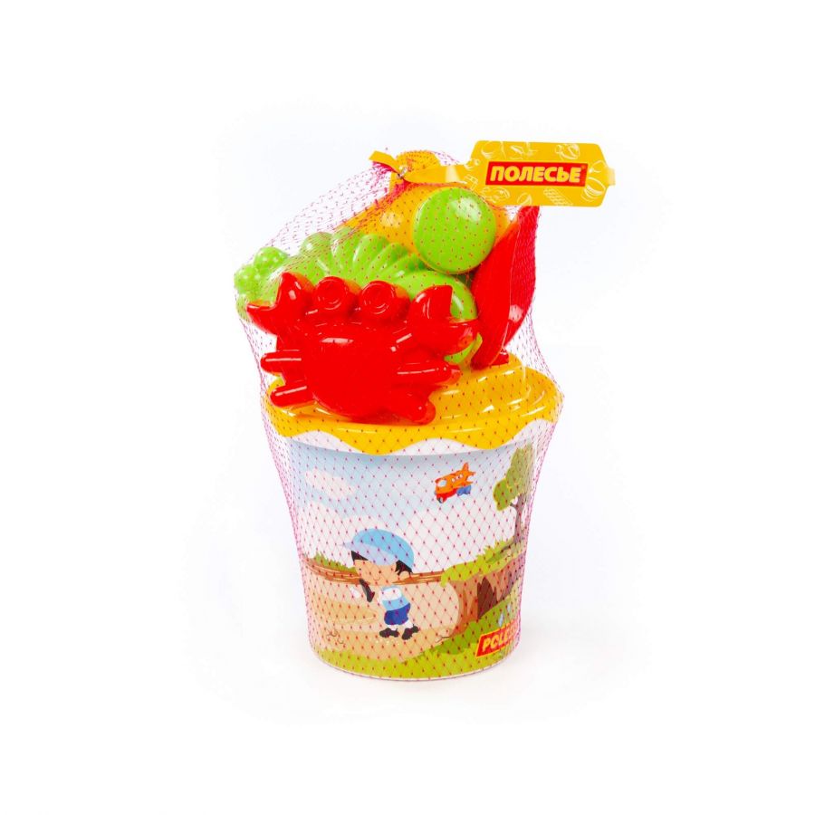 Набор №356: ведро с наклейкой, ситечко "Солнышко", лопатка №5, грабельки №5, формочки (краб №1 + морской конёк), лейка малая №4