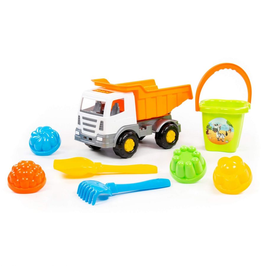 Набор №185: "Мираж", автомобиль-самосвал + ведро-цветок среднее, лопатка №5, грабельки №5, 4 формочки