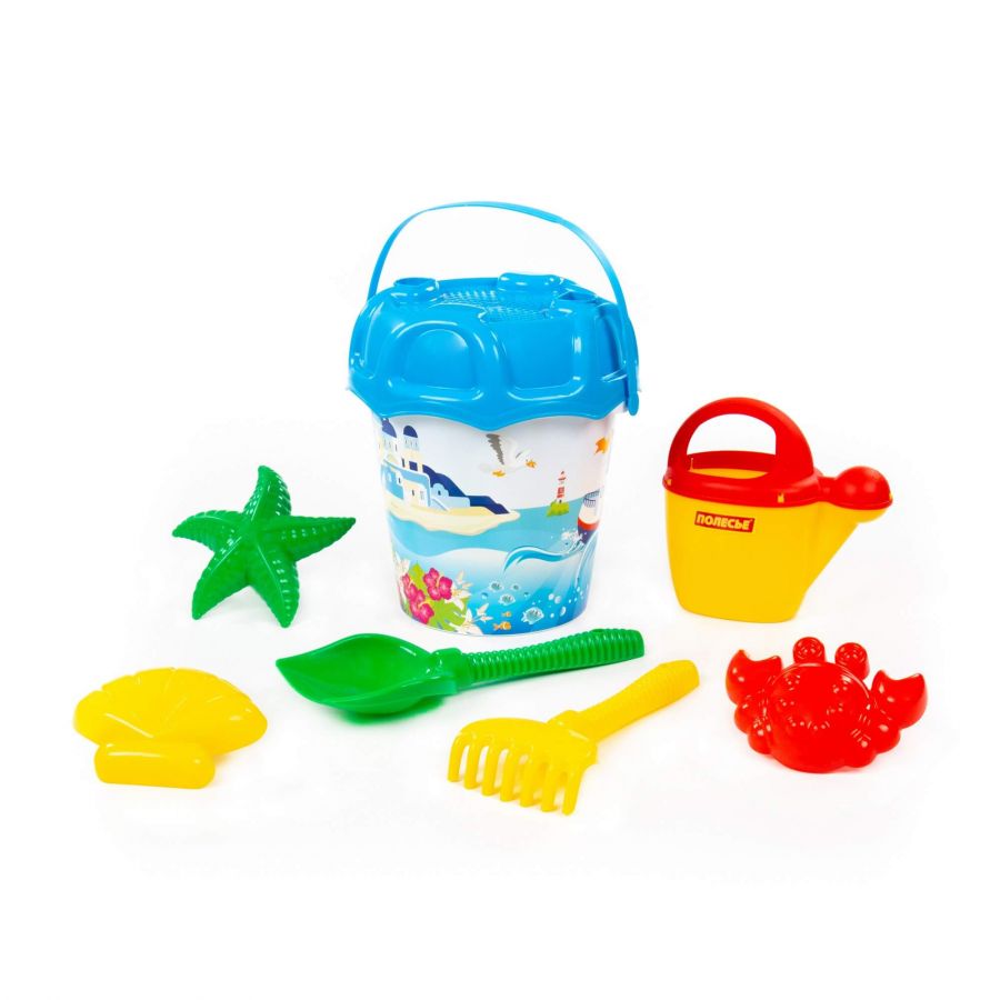 Набор №596: ведро большое с наклейкой, ситечко большое №3, лопата №6, грабли №6, формочки (краб №2 + морская звезда №2 + ракушка №2), лейка №10
