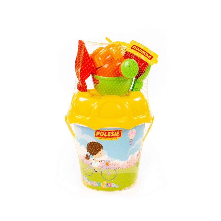 Набор №597: ведро большое с наклейкой, ситечко большое №3, лопата №6, грабли №6, формочки (тигр + мамонт), лейка малая №4