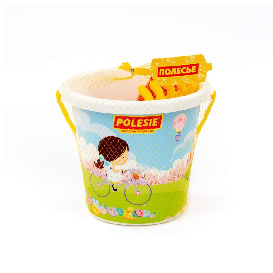 Набор №603: ведро большое с наклейкой, совок №10, грабли №10, формочки (краб №1 + морской конёк + морская звезда №1 + ракушка №1 + черепаха)