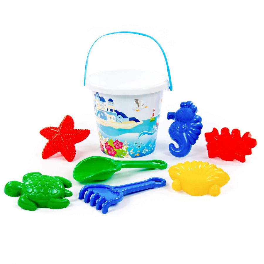 Набор №603: ведро большое с наклейкой, совок №10, грабли №10, формочки (краб №1 + морской конёк + морская звезда №1 + ракушка №1 + черепаха)