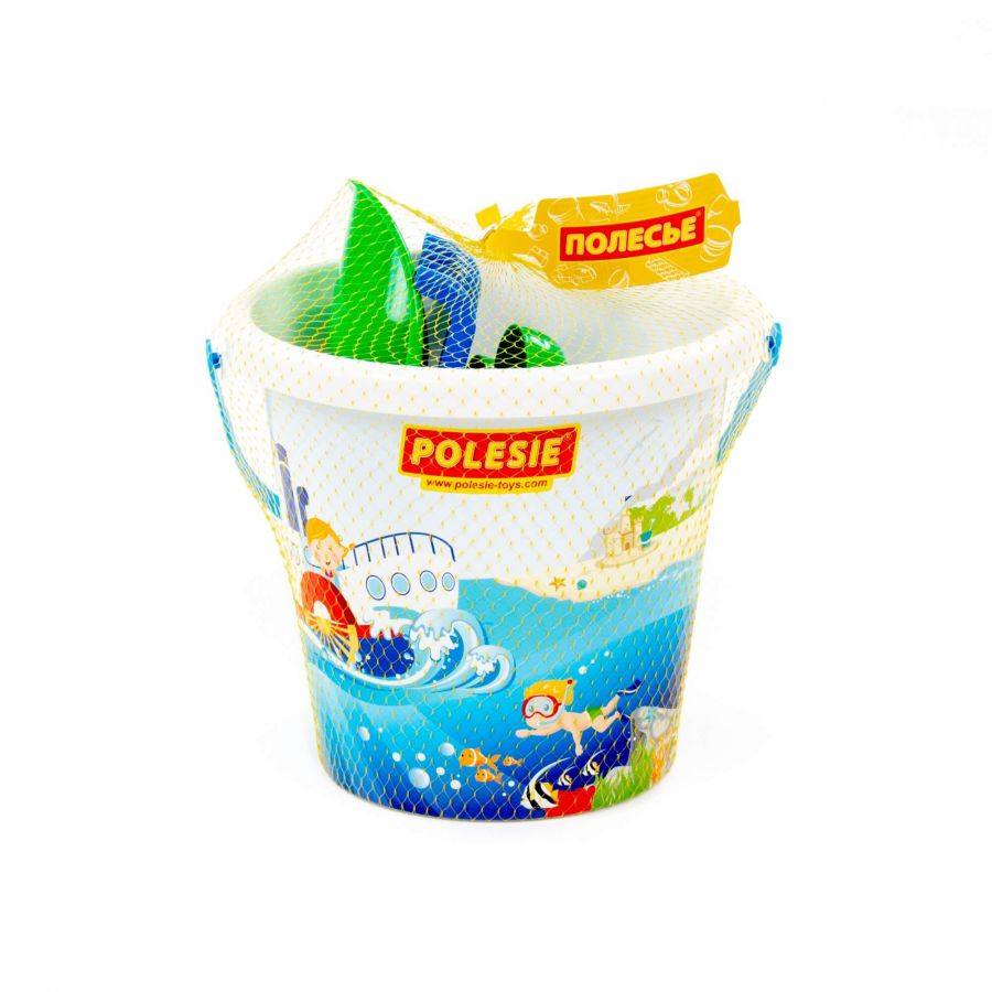 Набор №603: ведро большое с наклейкой, совок №10, грабли №10, формочки (краб №1 + морской конёк + морская звезда №1 + ракушка №1 + черепаха)