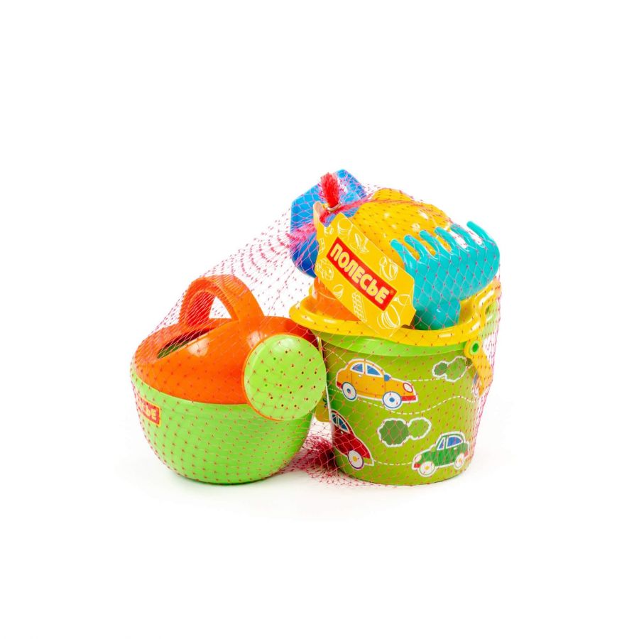 Набор №180: ведро малое с наклейкой, ситечко-цветок, совок №2, грабельки №2, 2 формочки, лейка малая №4