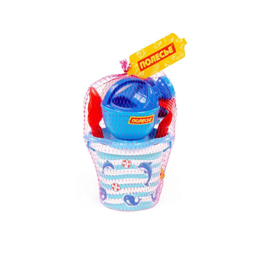 Набор №228: ведро малое с наклейкой, ситечко-цветок, совок №2, грабельки №2, 2 формочки, лейка малая №3