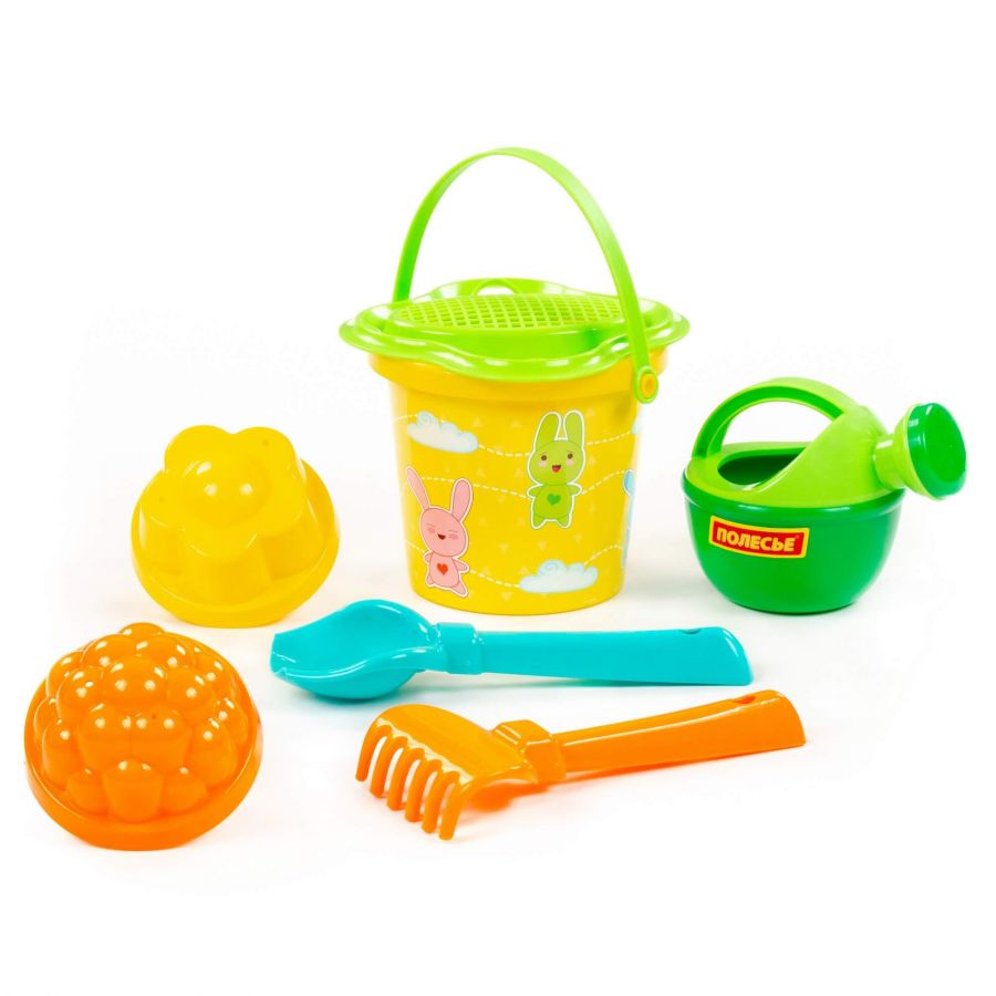 Набор №228: ведро малое с наклейкой, ситечко-цветок, совок №2, грабельки №2, 2 формочки, лейка малая №3