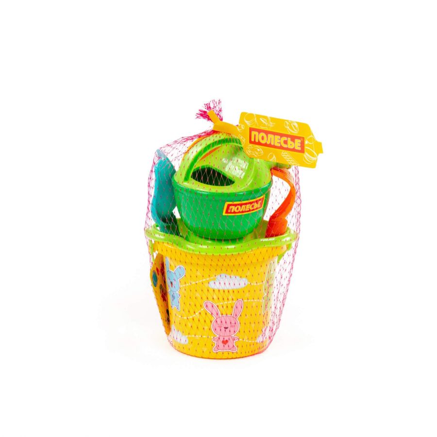 Набор №228: ведро малое с наклейкой, ситечко-цветок, совок №2, грабельки №2, 2 формочки, лейка малая №3