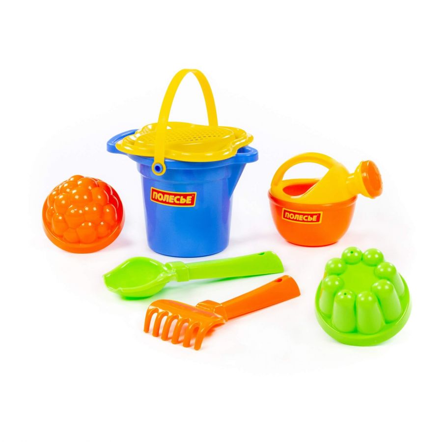 Набор №349: ведро малое с носиком, ситечко-цветок, совок №2, грабельки №2, 2 формочки, лейка малая №3