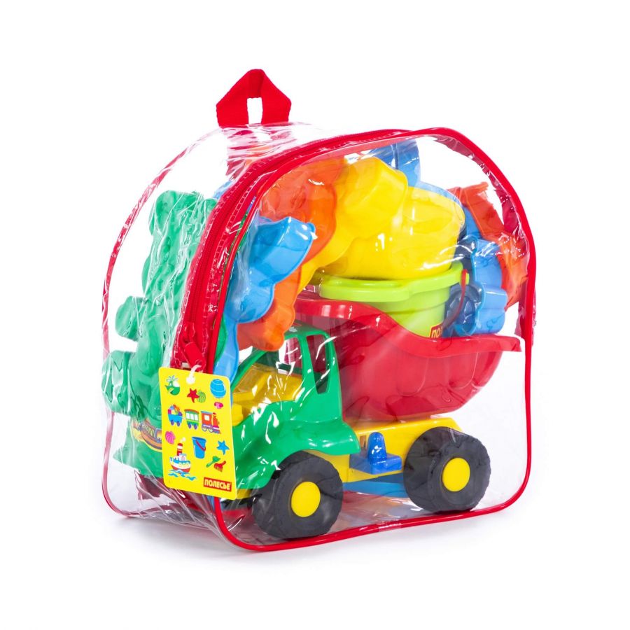 Набор №352 (в рюкзаке): "Муравей", автомобиль-самосвал + ведро малое с носиком, лопатка №5, грабельки №5, формочки 6 шт, лейка малая №4