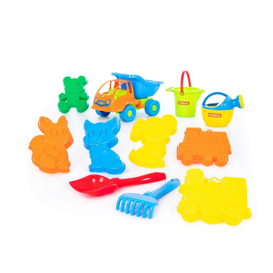 Набор №352 (в рюкзаке): "Муравей", автомобиль-самосвал + ведро малое с носиком, лопатка №5, грабельки №5, формочки 6 шт, лейка малая №4