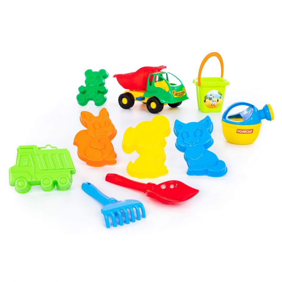 Набор №310 (в рюкзаке): "Муравей", автомобиль-самосвал + ведро-цветок среднее, лопатка №5, грабельки №5, формочки 5 шт, лейка малая №4