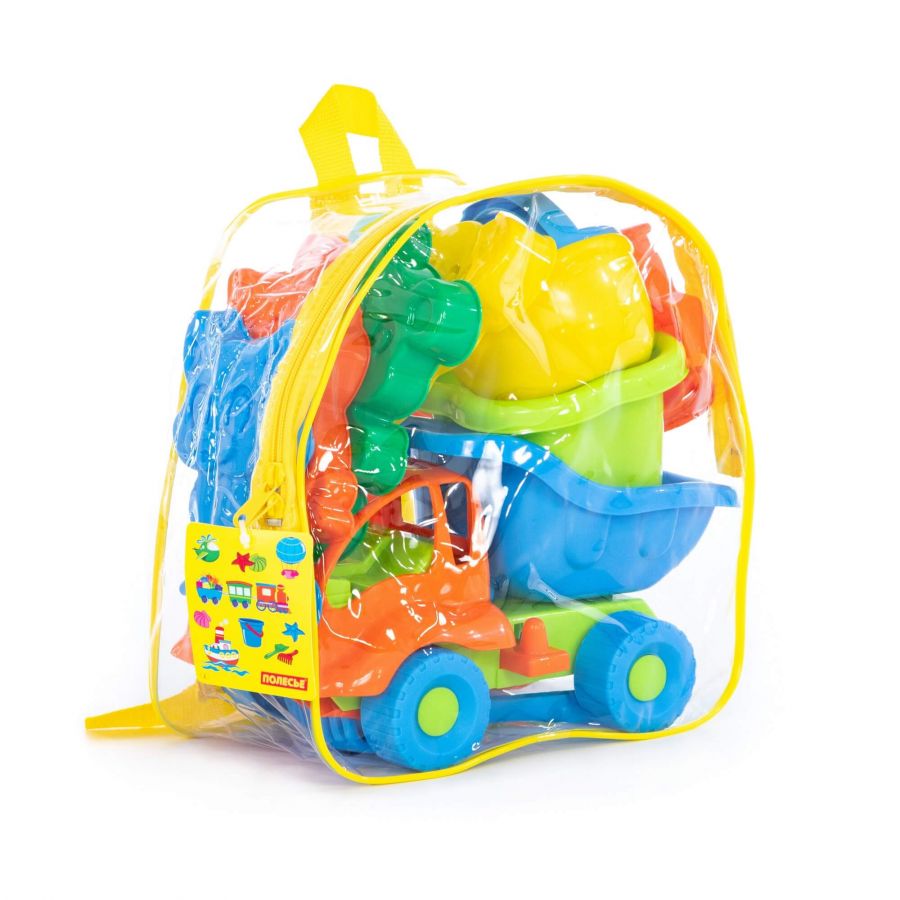 Набор №310 (в рюкзаке): "Муравей", автомобиль-самосвал + ведро-цветок среднее, лопатка №5, грабельки №5, формочки 5 шт, лейка малая №4