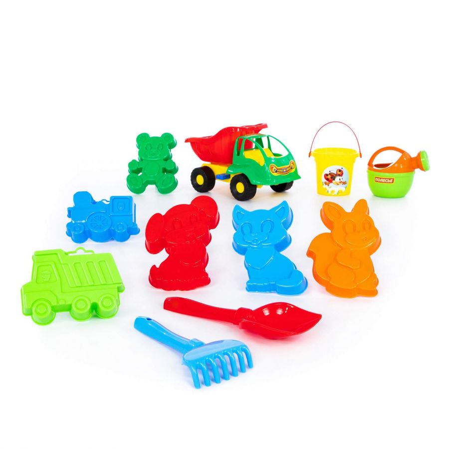 Набор №301 (в рюкзаке): "Муравей", автомобиль-самосвал + ведро малое, лопатка №5, грабельки №5, формочки 6 шт, лейка малая №4