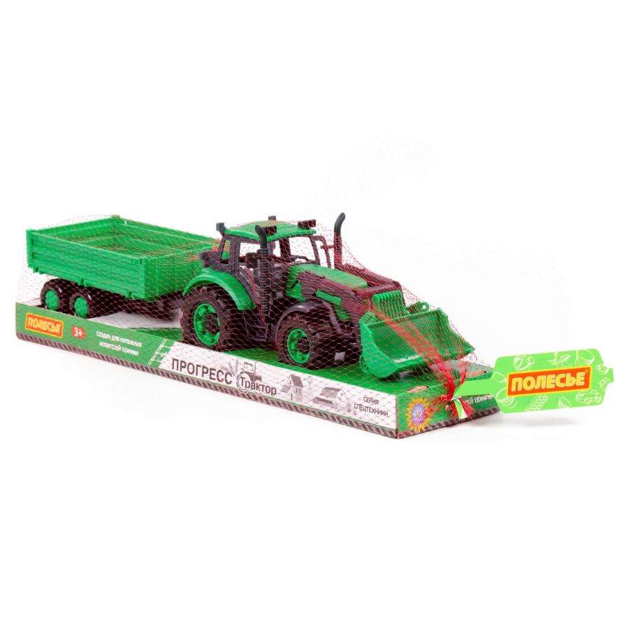 Трактор "Прогресс" с бортовым прицепом и ковшом инерционный (зелёный) (в лотке)