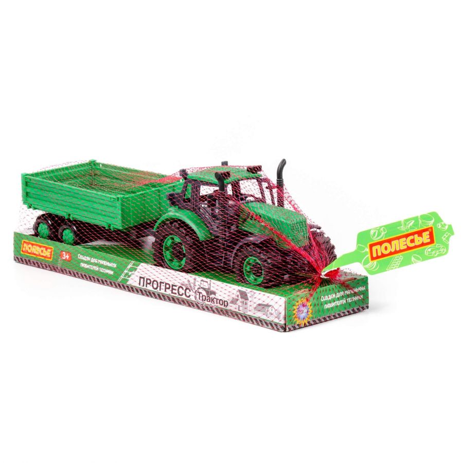 Трактор "Прогресс" с бортовым прицепом инерционный (зелёный) (в лотке)
