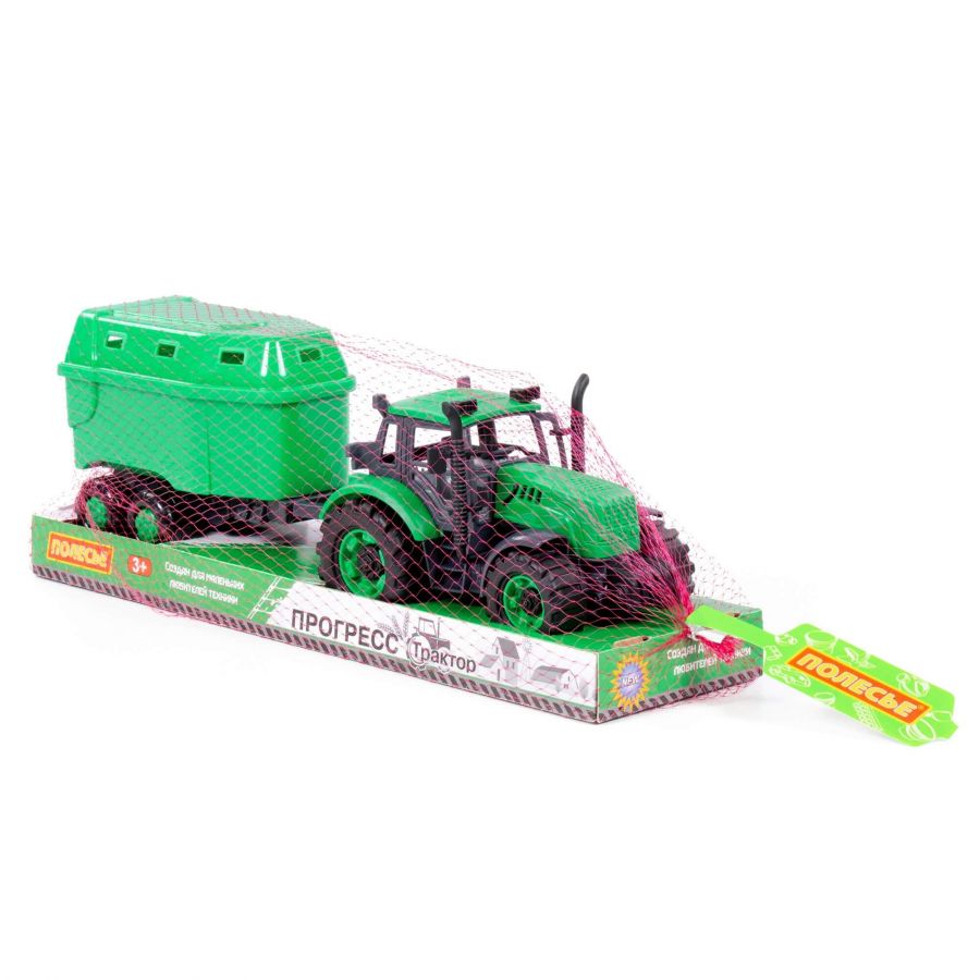Трактор "Прогресс" с прицепом для перевозки животных инерционный (зелёный) (в лотке)