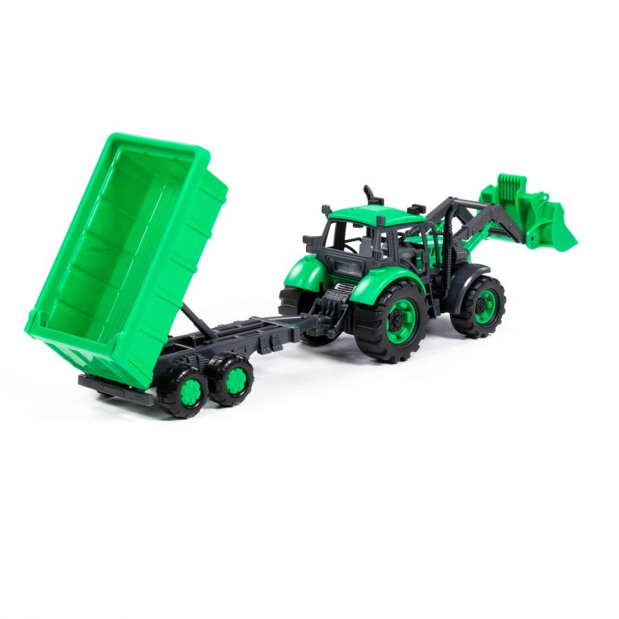 Трактор "Прогресс" с прицепом и ковшом инерционный (зелёный) (в коробке)