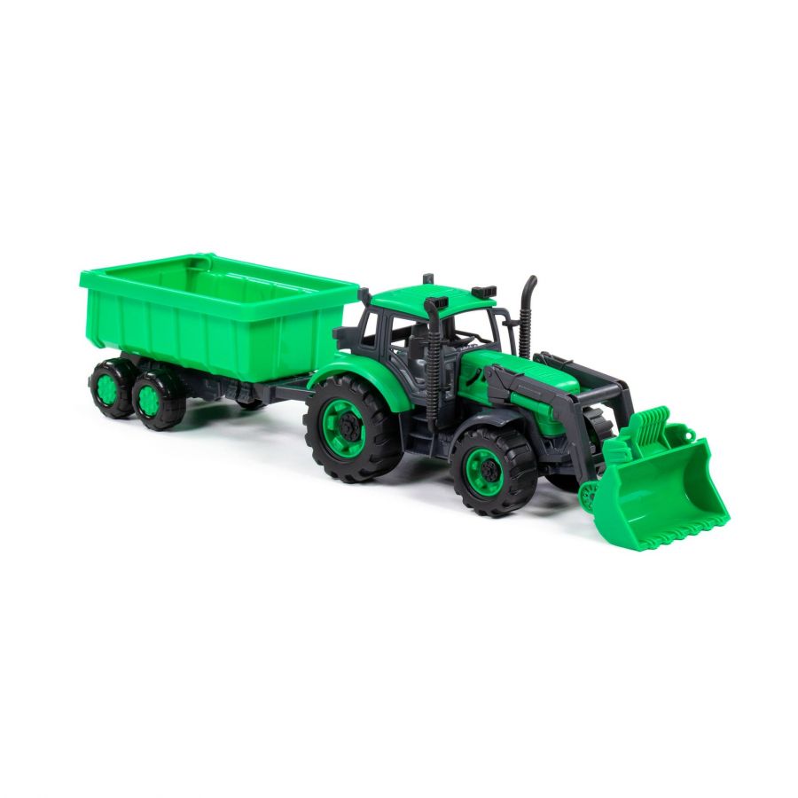 Трактор "Прогресс" с прицепом и ковшом инерционный (зелёный) (в коробке)