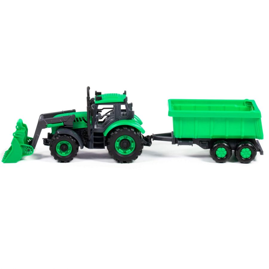 Трактор "Прогресс" с прицепом и ковшом инерционный (зелёный) (в лотке)