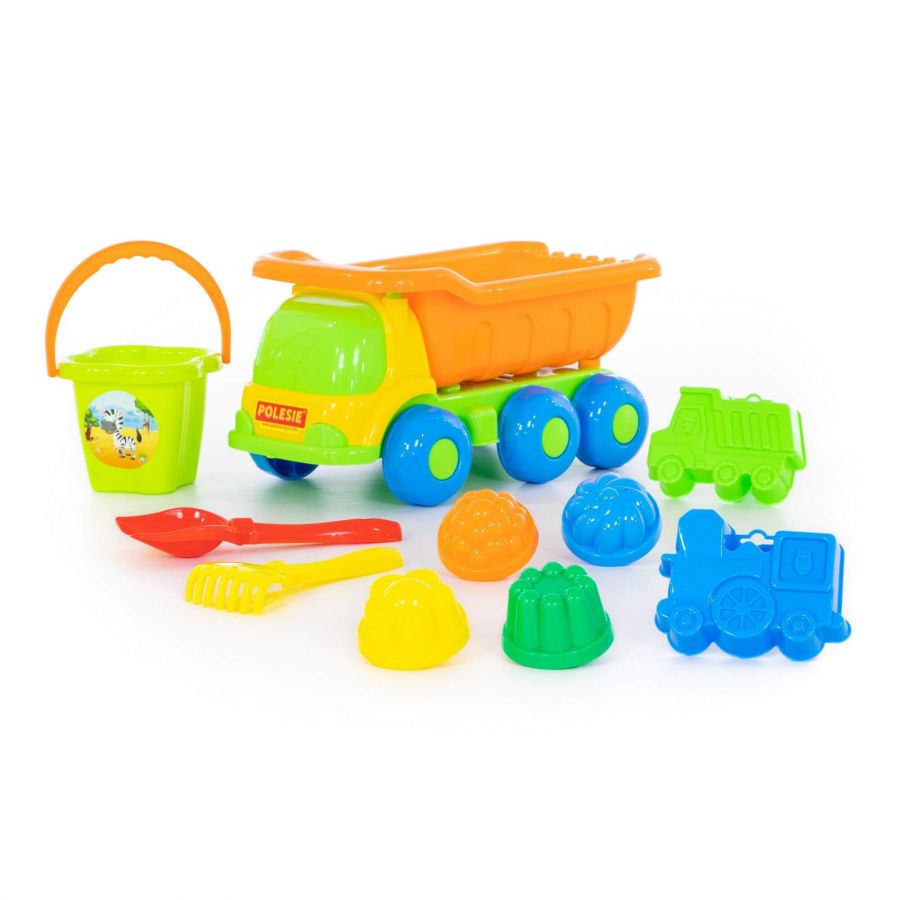 Набор №128: "Универсал", автомобиль-самосвал + ведро-цветок среднее, лопатка №5, грабельки №5, формочки (самосвал + паровоз), 4 формочки