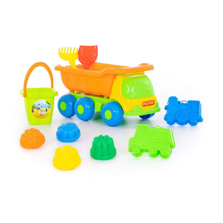 Набор №128: "Универсал", автомобиль-самосвал + ведро-цветок среднее, лопатка №5, грабельки №5, формочки (самосвал + паровоз), 4 формочки