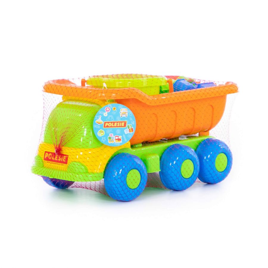 Набор №128: "Универсал", автомобиль-самосвал + ведро-цветок среднее, лопатка №5, грабельки №5, формочки (самосвал + паровоз), 4 формочки