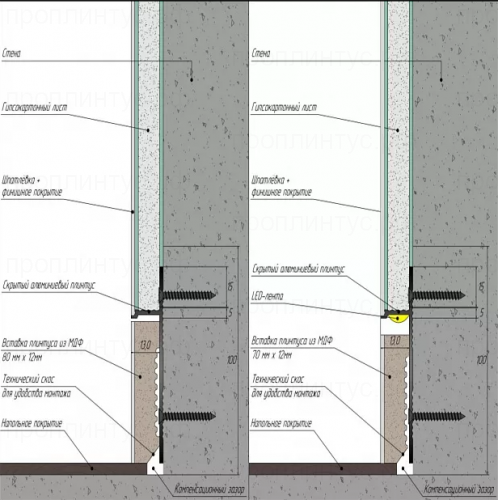 Скрытый плинтус под подсветку без покрытия