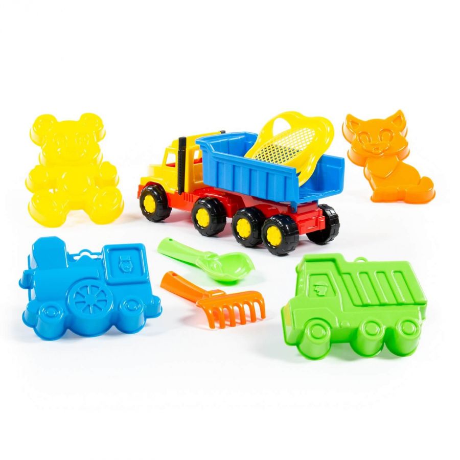 Набор №105: "Фаворит", автомобиль-самосвал + ситечко-цветок, совок №2, грабельки №2, формочки (самосвал + паровоз + котёнок + медведь)