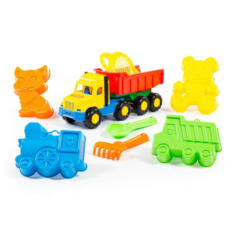 Набор №105: "Фаворит", автомобиль-самосвал + ситечко-цветок, совок №2, грабельки №2, формочки (самосвал + паровоз + котёнок + медведь)