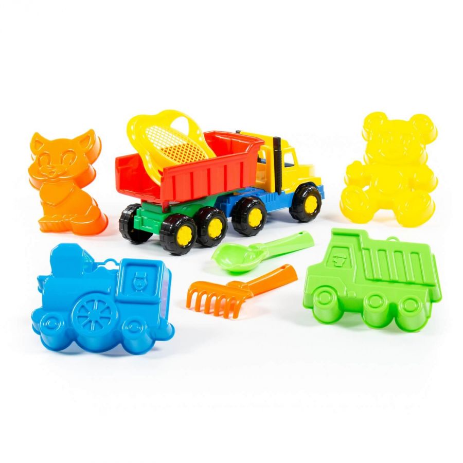 Набор №105: "Фаворит", автомобиль-самосвал + ситечко-цветок, совок №2, грабельки №2, формочки (самосвал + паровоз + котёнок + медведь)