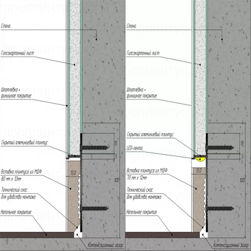 Скрытый плинтус без покрытия 80 мм