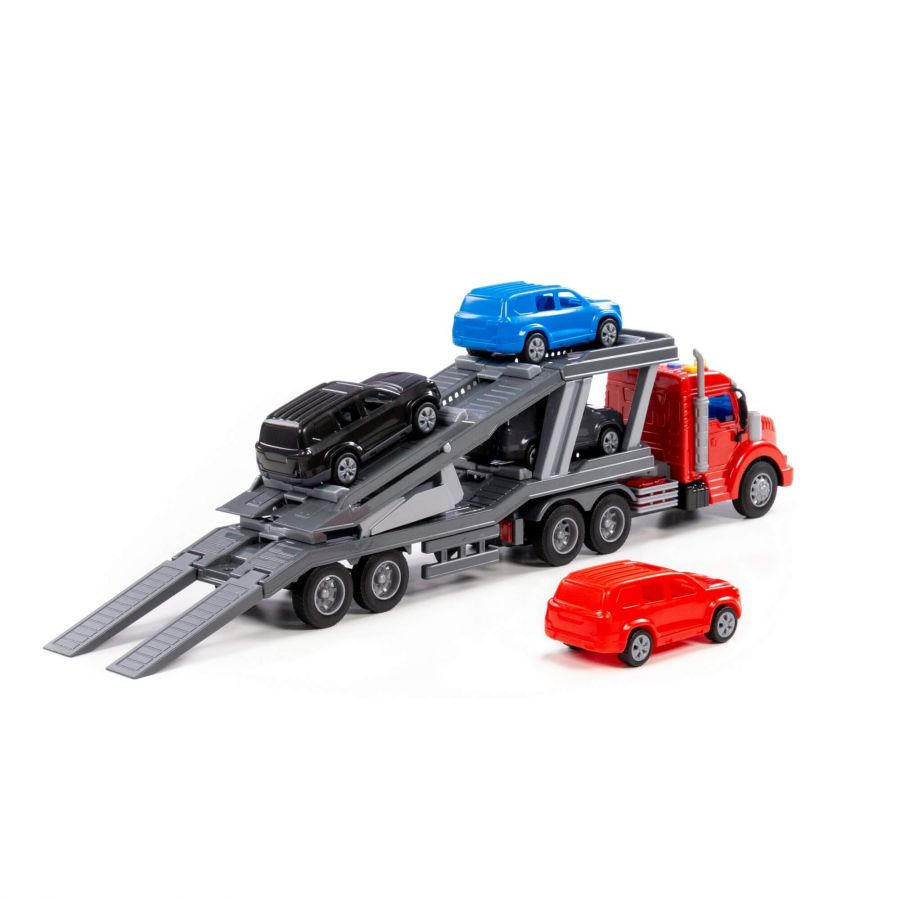 "Профи", автомобиль-тягач с полуприцепом-автовозом инерционный (со светом и звуком) + 4 автомобиль (в коробке)