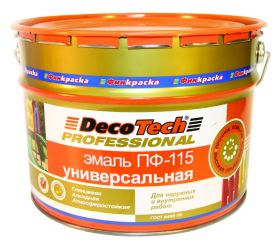 Эмаль ПФ-115 Финкраска DecoTech 10кг RAL 9005 Черная, Алкидная, Глянцевая для Внутренних и Наружных / Декотек.