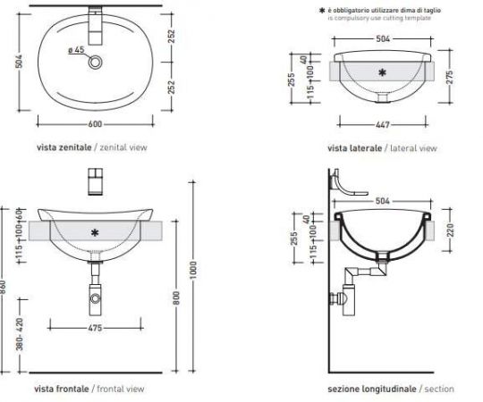 Раковина Flaminia Io 60 Recessed Basin 60х50,4 схема 8