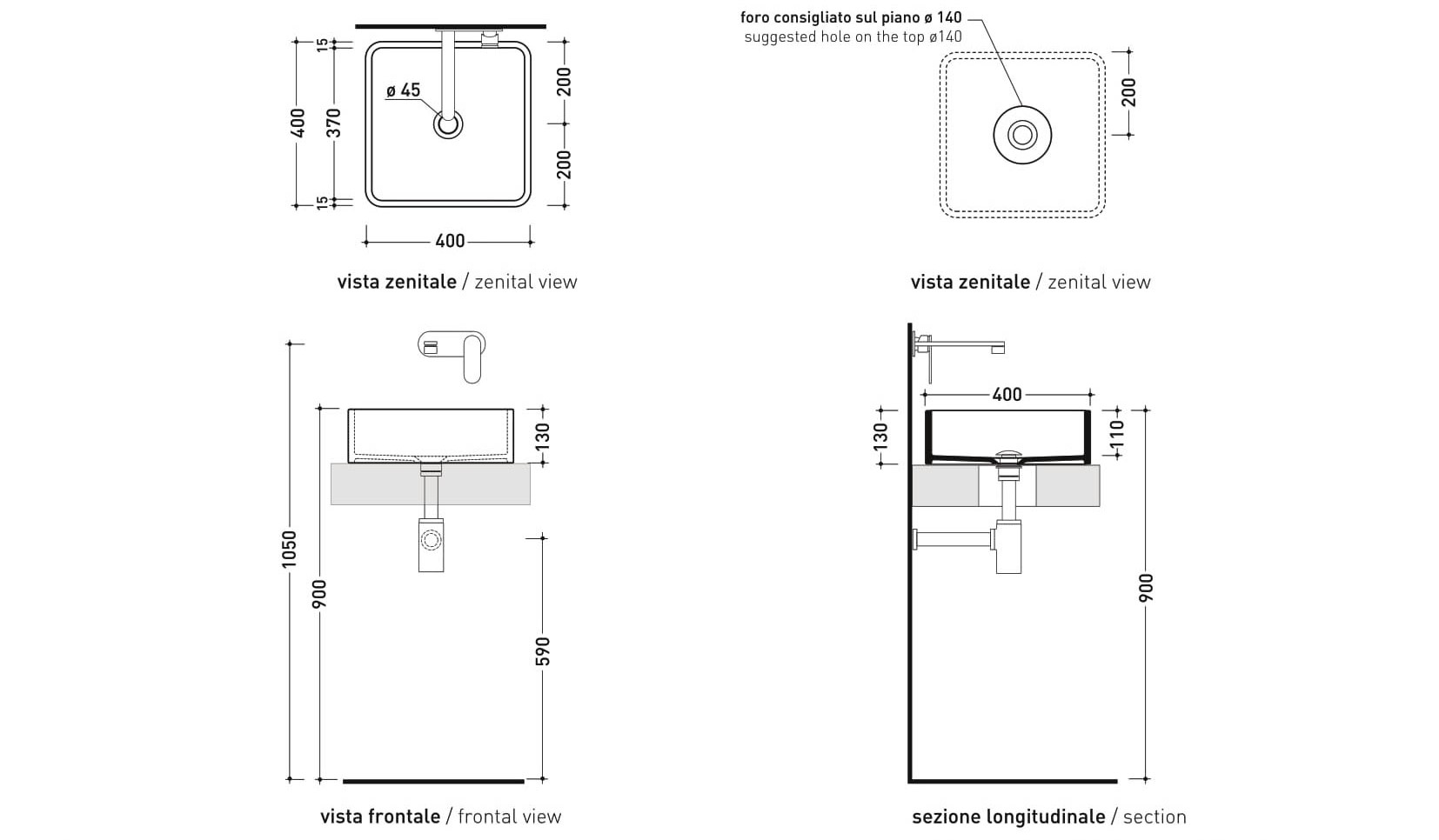 Накладная раковина Flaminia Miniwash 48 Countertop Basin 48х36 схема 3