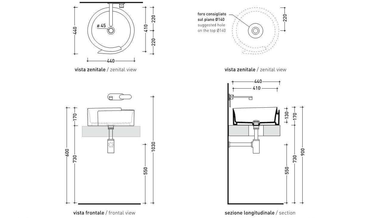 Раковина Flaminia Roll 44 Countertop Basin 44х44 схема 5