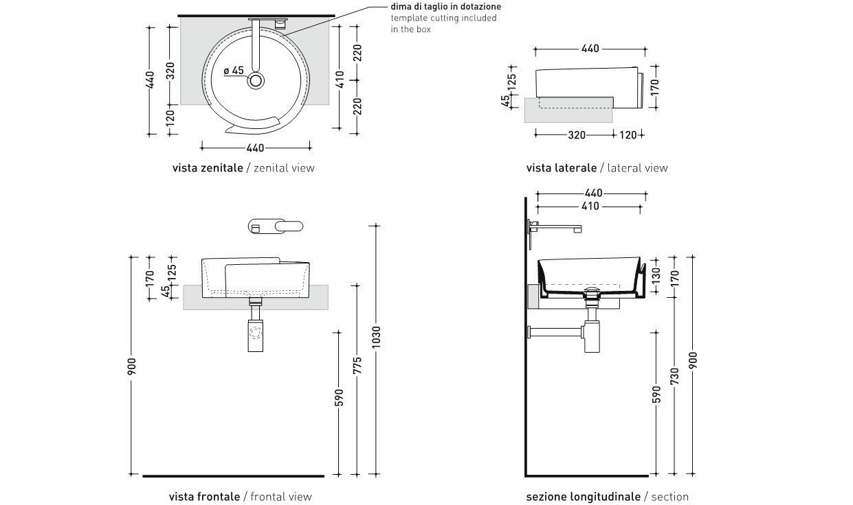 Раковина Flaminia Roll 44 Semi-Inset Basin 44х44 схема 3