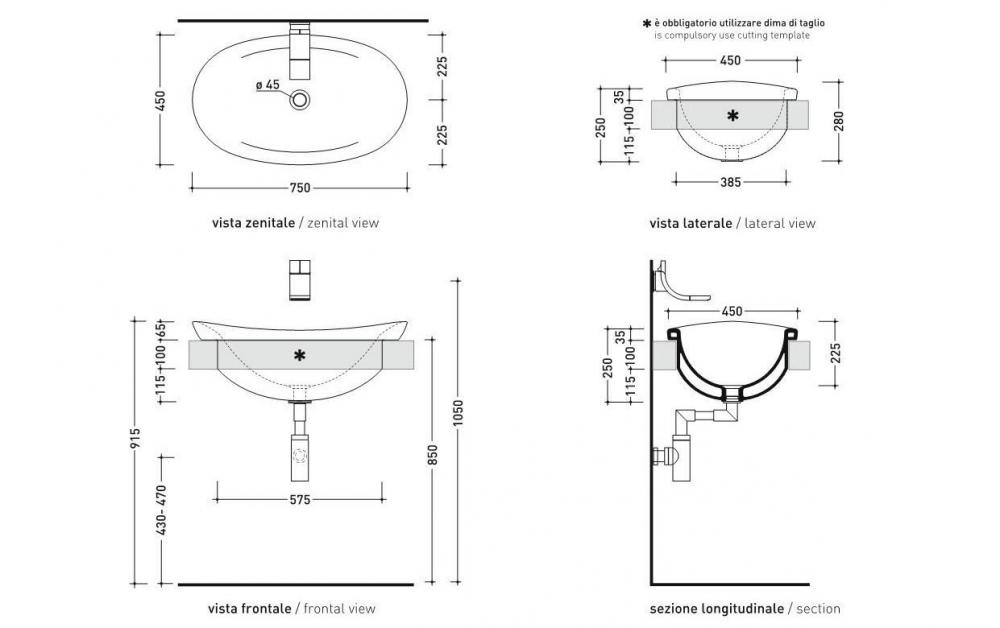 Раковина Flaminia Io 75 Recessed Basin 75х48 схема 3